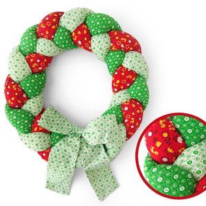VTG 14" Braided Calico Christmas WREATH Cotton Cloth Red Green Country Cottage